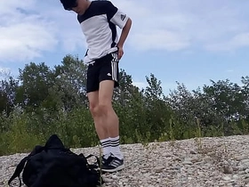 Cute twink Jon Arteen wears black Adidas outfit, shows his underwear, walks freeballing, jerking not present throught his short shorts, cumming outdoor asian gay sex fun secret videos